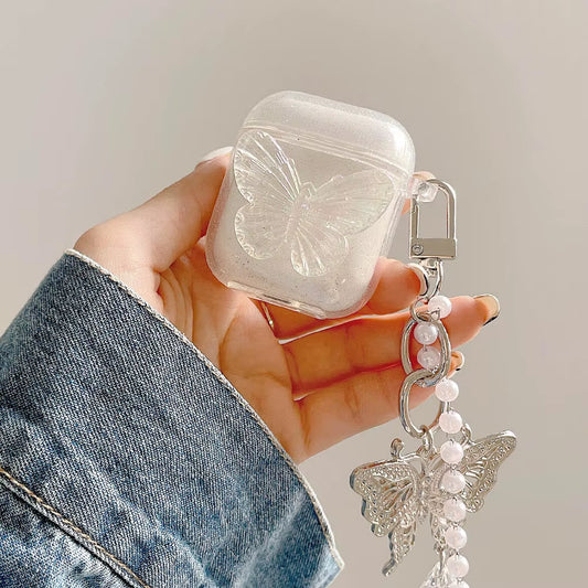 3D Cute Butterfly Funda for Airpods Pro 2 Case Soft Clear Earphone Accessorie Cover for Air Pods 1 2 3 Case Pendant Pearl Chain